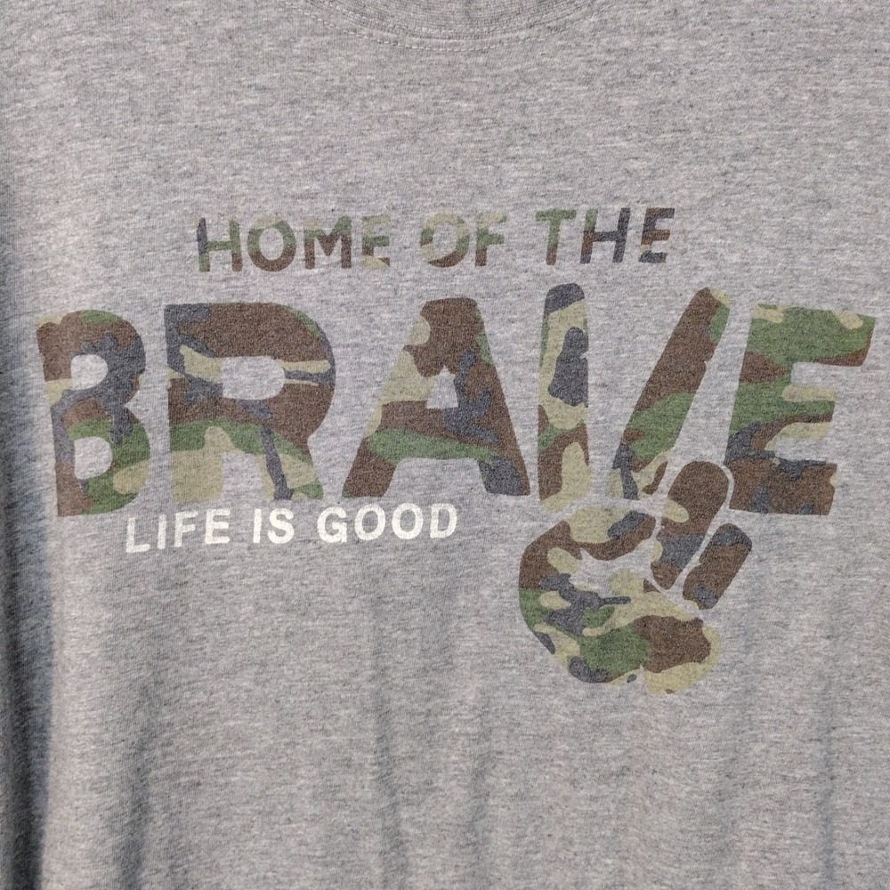 Life is Good Mens M Long Sleeve T Shirt Gray Home Of The Brave Camo Peace